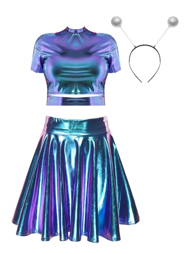 Aiihoo Damen Alien Kostüm Metallic Crop Top + Mini Rock + Haarreif Holographic Rave Outfit Tanz Kostüm Clubwear Halloween Facshing Cosplay Outfit X Blau S von Aiihoo