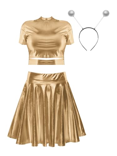 Aiihoo Damen Alien Kostüm Metallic Crop Top + Mini Rock + Haarreif Holographic Rave Outfit Tanz Kostüm Clubwear Halloween Facshing Cosplay Outfit X Gold M von Aiihoo