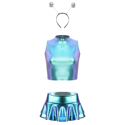 Aiihoo Damen Alien Kostüm Set Glänzend Crop Top + Mini Rock mit Falten + Haarreif Holographic Rave Tanz Outfit Clubwear Halloween Facshing Cosplay Kostüm Blau L von Aiihoo