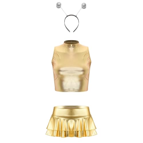 Aiihoo Damen Alien Kostüm Set Glänzend Crop Top + Mini Rock mit Falten + Haarreif Holographic Rave Tanz Outfit Clubwear Halloween Facshing Cosplay Kostüm Gold XXL von Aiihoo