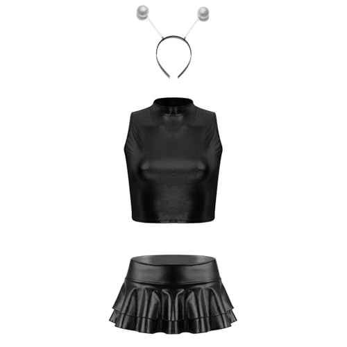 Aiihoo Damen Alien Kostüm Set Glänzend Crop Top + Mini Rock mit Falten + Haarreif Holographic Rave Tanz Outfit Clubwear Halloween Facshing Cosplay Kostüm Schwarz XXL von Aiihoo