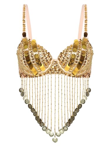 Aiihoo Damen Bauchtanz Kostüm Oberteil Pailletten BH Push Up Fransen Top Ärmellos Crop Top Latein Jazz Tanz Oberteil Halloween Karneval Kostüm Gold Einheitsgröße von Aiihoo