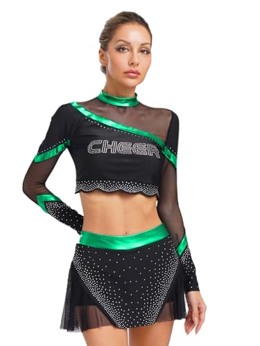Aiihoo Damen Cheer Leader Kostüm Langarm Patchwork Crop Top Metallic Tanktop Slim Fit Tanzrock mit Sicherheitsshorts Tanzkostüm Grün XXL Aiihoo Damen Cheer Leader Kostüm Langarm Patchwork Crop Top Metallic Tanktop Slim Fit Tanzrock mit Sicherheitsshorts Tanzkostüm Grün XXL von Aiihoo