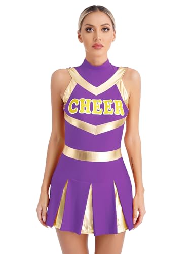 Aiihoo Damen Cheerleading Kostüm Cheer Leader Cosplay Minikleid Frauen Cheerleading Kleid Tanzkleid Party Halloween Karneval Kostüme B Violett S von Aiihoo