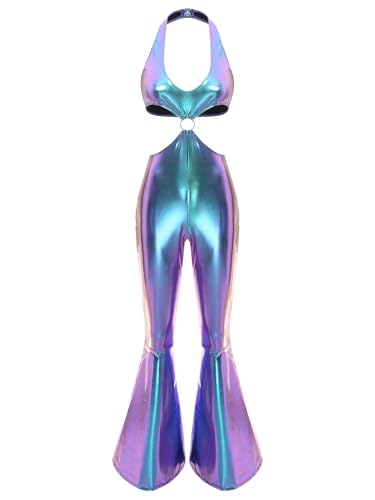 Aiihoo Damen Disco Kostüm 70er Jahre Metallic Jumpsuit Overall Neckholder Crop Top mit Schlaghose Faschingskostüm Rave Outfit Blau XXL Aiihoo Damen Disco Kostüm 70er Jahre Metallic Jumpsuit Overall Neckholder Crop Top mit Schlaghose Faschingskostüm Rave Outfit Blau XXL von Aiihoo