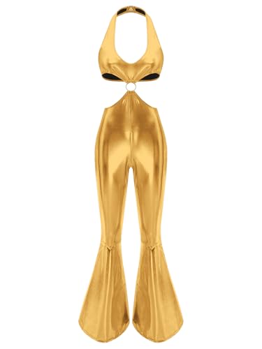 Aiihoo Damen Disco Kostüm 70er Jahre Metallic Jumpsuit Overall Neckholder Crop Top mit Schlaghose Faschingskostüm Rave Outfit Gold M Aiihoo Damen Disco Kostüm 70er Jahre Metallic Jumpsuit Overall Neckholder Crop Top mit Schlaghose Faschingskostüm Rave Outfit Gold M von Aiihoo