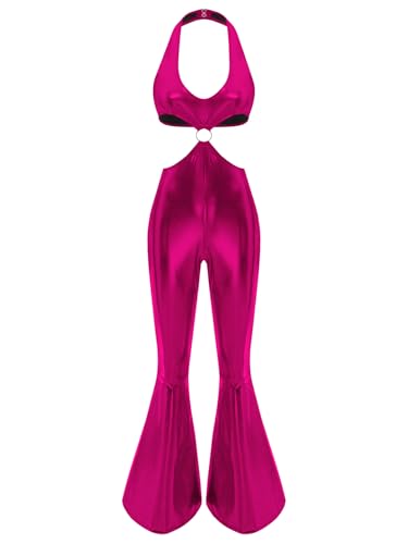 Aiihoo Damen Disco Kostüm 70er Jahre Metallic Jumpsuit Overall Neckholder Crop Top mit Schlaghose Faschingskostüm Rave Outfit Hot Pink XXL Aiihoo Damen Disco Kostüm 70er Jahre Metallic Jumpsuit Overall Neckholder Crop Top mit Schlaghose Faschingskostüm Rave Outfit Hot Pink XXL von Aiihoo