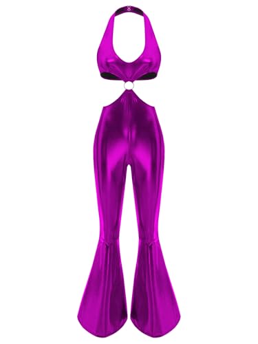 Aiihoo Damen Disco Kostüm 70er Jahre Metallic Jumpsuit Overall Neckholder Crop Top mit Schlaghose Faschingskostüm Rave Outfit Violett XXL Aiihoo Damen Disco Kostüm 70er Jahre Metallic Jumpsuit Overall Neckholder Crop Top mit Schlaghose Faschingskostüm Rave Outfit Violett XXL von Aiihoo