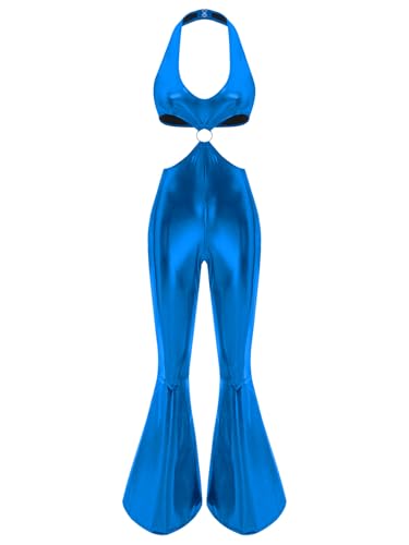 Aiihoo Damen Disco Kostüm 70er Jahre Metallic Jumpsuit Overall Neckholder Crop Top mit Schlaghose Faschingskostüm Rave Outfit königlich XXL Aiihoo Damen Disco Kostüm 70er Jahre Metallic Jumpsuit Overall Neckholder Crop Top mit Schlaghose Faschingskostüm Rave Outfit königlich XXL von Aiihoo