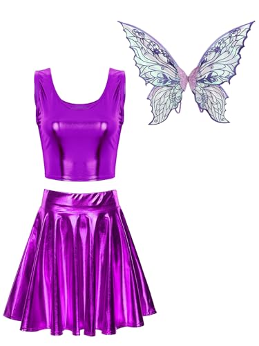 Aiihoo Damen Fee Kostüm Metallic Crop Top + Mini Rock + Schmetterling Flügeln Rave Outfit Clubwear Halloween Karneval Facshing Kostüm Violett XL von Aiihoo