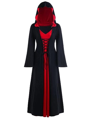 Aiihoo Damen Gothic Kleid Halloween Kostüm Mittelalterlich Schwarz Hexenkleid mit Kapuze Langarm Schnüren Maxi Kleider für Frauen Karneval Party A Rot XXL von Aiihoo