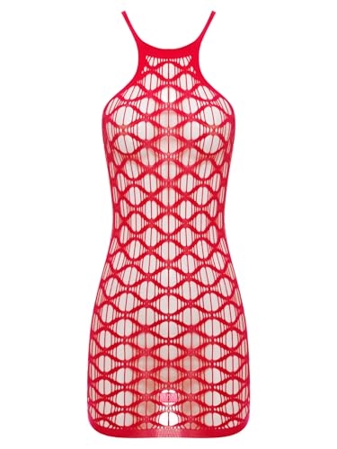 Aiihoo Damen Hohlraum Fischnetz Kleid Ärmellos Hochelastisches Minikleid Schlankes Passform Nachtgewand Kleid Erotische Nachtwäsche Rot Einheitsgröße Aiihoo Damen Hohlraum Fischnetz Kleid Ärmellos Hochelastisches Minikleid Schlankes Passform Nachtgewand Kleid Erotische Nachtwäsche Rot Einheitsgröße von Aiihoo