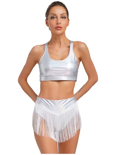 Aiihoo Damen Karnevals Kostüm Zweiteiliger Rundhalsausschnitt Tanktops Glitzer Shorts mit Quasten Frauen Rave Party Outfit Silber M Aiihoo Damen Karnevals Kostüm Zweiteiliger Rundhalsausschnitt Tanktops Glitzer Shorts mit Quasten Frauen Rave Party Outfit Silber M von Aiihoo