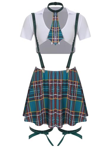 Aiihoo Damen Schulmädchen-Kostüm 6-teilig Kurz Crop Top mit Krawatte Plaid Strumpfhalter Rock Tanga Und Bogen Bein Bands Set Grün L Aiihoo Damen Schulmädchen-Kostüm 6-teilig Kurz Crop Top mit Krawatte Plaid Strumpfhalter Rock Tanga Und Bogen Bein Bands Set Grün L von Aiihoo