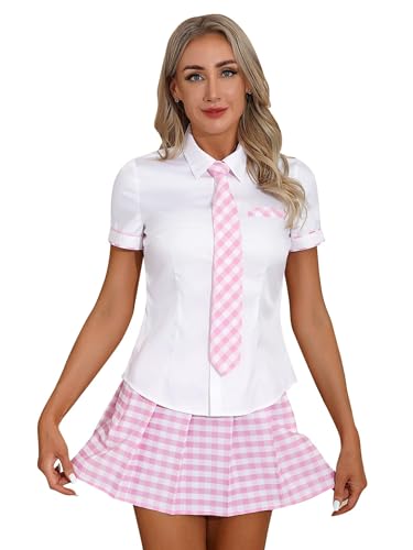 Aiihoo Damen Schulmädchen Kostüm Schuluniform Kurzarm Hemd Mit Krawatte + Minirock Halloween Karneval Party Cosplay Outfits Rosa 3XL von Aiihoo