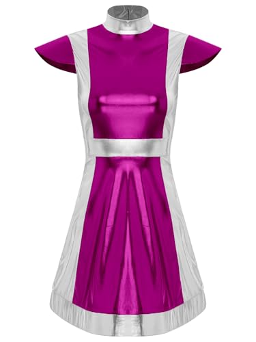 Aiihoo Damen Spacegirl Alien Kostüm Cap Sleeve Metallic Kleid Tanzkleid Faltenkleid Minikleid Halloween Cosplay Kleidung Faschingskostüm Hot Pink L von Aiihoo