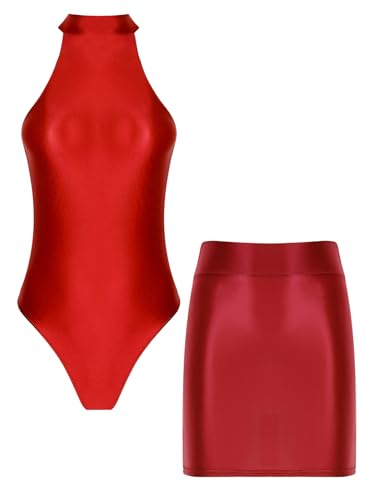 Aiihoo Damen Wetlook Öl Bodysuit Slim Fit Overall Mit Reißverschluss und Elastischem Minirock Ärmelloses Leotard Party Outfit Burgundy M Aiihoo Damen Wetlook Öl Bodysuit Slim Fit Overall Mit Reißverschluss und Elastischem Minirock Ärmelloses Leotard Party Outfit Burgundy M von Aiihoo