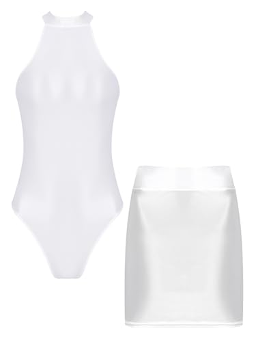 Aiihoo Damen Wetlook Öl Bodysuit Slim Fit Overall Mit Reißverschluss und Elastischem Minirock Ärmelloses Leotard Party Outfit Weiß M von Aiihoo