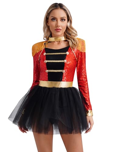 Aiihoo Damen Zirkus Kostüm Lackleder Langarm Bodysuit Glitzer Body Catsuit mit Mesh Rock Halloween Karneval Fasching Kostüm Rot XXL von Aiihoo