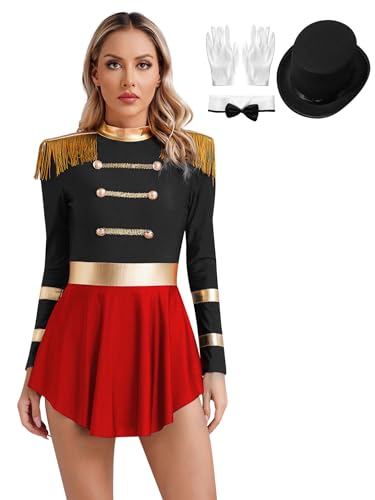 Aiihoo Damen Zirkus Kostüm Langarm Body mit Rock Stehkragen Zirkus Kleid + Bowknot + Handschuhe Ringmaster Showmann Halloween Karneval Kostüm Outfits B Schwarz L von Aiihoo