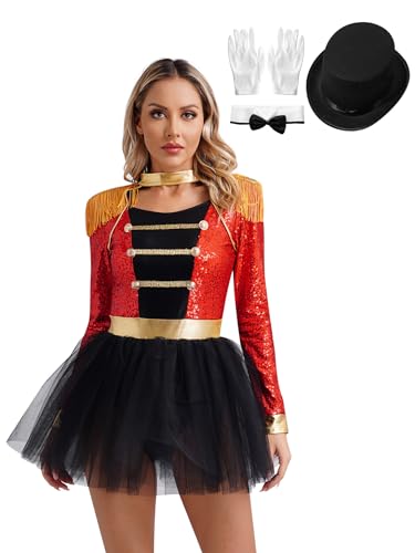 Aiihoo Damen Zirkus Kostüm Langarm Body mit Rock Stehkragen Zirkus Kleid + Bowknot + Handschuhe Ringmaster Showmann Halloween Karneval Kostüm Outfits C Rot 3XL von Aiihoo