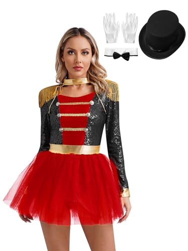 Aiihoo Damen Zirkus Kostüm Langarm Body mit Rock Stehkragen Zirkus Kleid + Bowknot + Handschuhe Ringmaster Showmann Halloween Karneval Kostüm Outfits C Schwarz S von Aiihoo