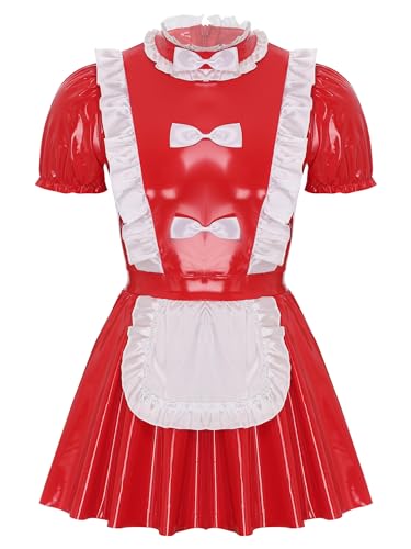 Aiihoo Dienstmädchen Kostüm Herren Wetlook Lederkleid Sissy Dessous Minikleid French Maid Kostüm Clubwear Halloween Cosplay Rot 3XL von Aiihoo
