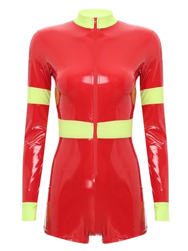 Aiihoo Feuerwehrmann Kostüm Damen Feuerwehrfrau Outfit Cosplay Verkleidung Langarm Bodysuit Jumpsuit mit Reißverschluss Overall Karneval Kostüm Rot 4XL von Aiihoo
