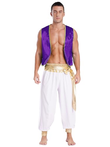 Aiihoo Herren Aladin Kostüm Glitzer Weste Ärmellos Top + Hose Pumphose Arabischer Prinz Kostüm Halloween Karneval Fasching Mottorarty Dunkellila und Weiß XL von Aiihoo
