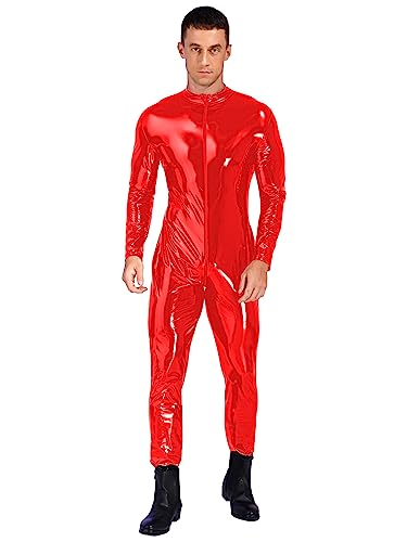 Aiihoo Herren Body Wetlook Bodysuit mit Zipper Lack Leder Jumpsuit Overalls Einteilige Männerbody Ganzkörperanzug Langarm Unterhemd(Cut Out) A Rot XL von Aiihoo