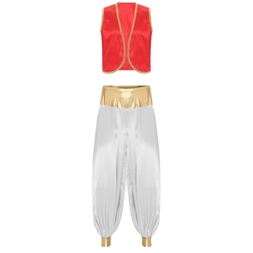 Aiihoo Herren Cosplay Kostüm Arabischer Prinz Weste und Satin Glanz Haremhose Aladinhose Karneval Halloween Cosplay Mottoparty Outfits Burgunder & Weiß M von Aiihoo