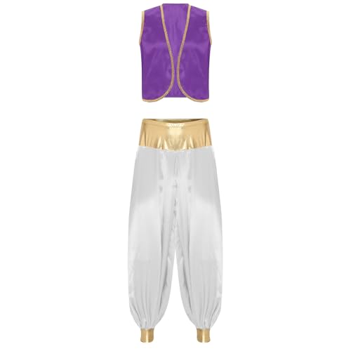 Aiihoo Herren Cosplay Kostüm Arabischer Prinz Weste und Satin Glanz Haremhose Aladinhose Karneval Halloween Cosplay Mottoparty Outfits Dunkellila Weiß XL von Aiihoo