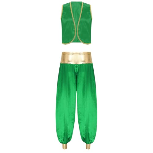 Aiihoo Herren Cosplay Kostüm Arabischer Prinz Weste und Satin Glanz Haremhose Aladinhose Karneval Halloween Cosplay Mottoparty Outfits Grün 4XL von Aiihoo