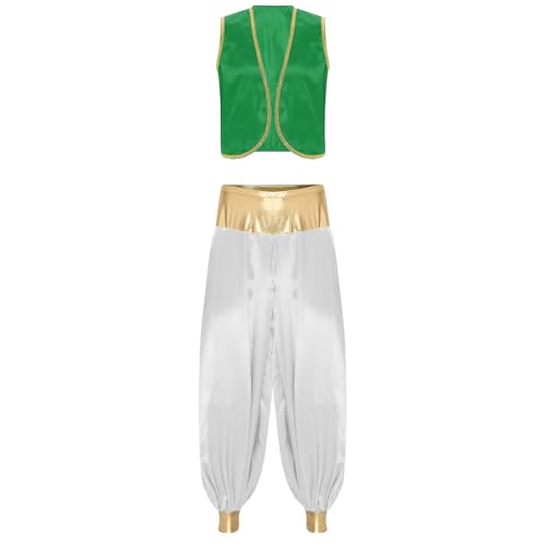 Aiihoo Herren Cosplay Kostüm Arabischer Prinz Weste und Satin Glanz Haremhose Aladinhose Karneval Halloween Cosplay Mottoparty Outfits Grün Weiß XL von Aiihoo