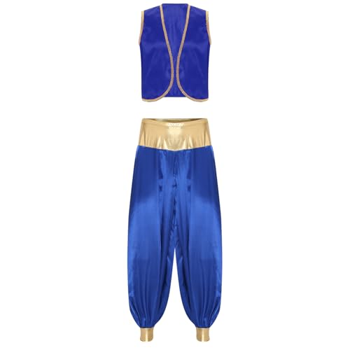 Aiihoo Herren Cosplay Kostüm Arabischer Prinz Weste und Satin Glanz Haremhose Aladinhose Karneval Halloween Cosplay Mottoparty Outfits Königsblau L von Aiihoo