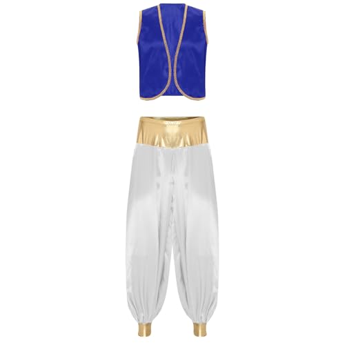 Aiihoo Herren Cosplay Kostüm Arabischer Prinz Weste und Satin Glanz Haremhose Aladinhose Karneval Halloween Cosplay Mottoparty Outfits Königsblau Weiß L von Aiihoo