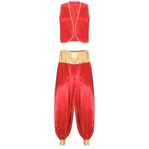 Aiihoo Herren Cosplay Kostüm Arabischer Prinz Weste und Satin Glanz Haremhose Aladinhose Karneval Halloween Cosplay Mottoparty Outfits Weinrot XXL von Aiihoo