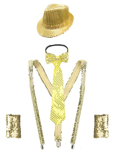 Aiihoo Herren Disco Kostüm Set 4-Teiliger Silvester Outfits Pailletten Hut Glitzer Mütze Krawatte Hosenträger Armbänder Nachtclub Fasching Party Gold One Size von Aiihoo