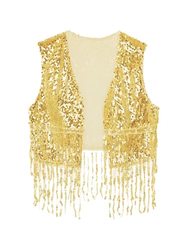 Aiihoo Herren Glitzer Weste Ärmellos Strickjacke Metallic Offen Vorne Kragenlos Cowboy Oberteil mit Fransen Vintage Clubwear Gold M von Aiihoo