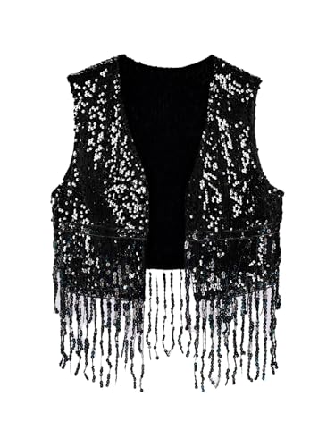 Aiihoo Herren Glitzer Weste Ärmellos Strickjacke Metallic Offen Vorne Kragenlos Cowboy Oberteil mit Fransen Vintage Clubwear Schwarz XL von Aiihoo