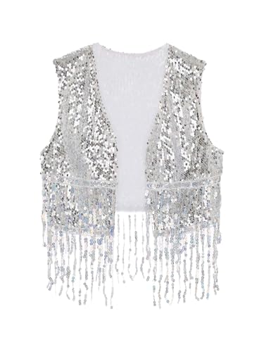 Aiihoo Herren Glitzer Weste Ärmellos Strickjacke Metallic Offen Vorne Kragenlos Cowboy Oberteil mit Fransen Vintage Clubwear Silber XL von Aiihoo
