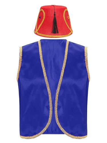 Aiihoo Herren Halloween Kostüm Arabischen Prinz Kostüm Satin Weste Gold Trim + Kostüm Hut Karneval Fasching Kostüm Mottoparty Königsblau XL von Aiihoo