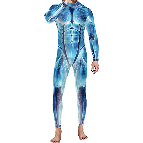 Aiihoo Herren Halloween Kostüm Overall 3D Skeleton Print Jumpsuit Langarm Skelett Bodysuit Skinny Catsuit Fasching Karneval Cosplay Blau XL von Aiihoo