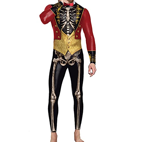Aiihoo Herren Halloween Kostüm Overall 3D Skeleton Print Jumpsuit Langarm Skelett Bodysuit Skinny Catsuit Fasching Karneval Cosplay Rot L von Aiihoo