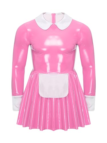Aiihoo Herren Sissy Maid Lackleder Kleid Langarm Satin Schürze Tüll Unterrock A-Line Kleid Halloween Crossdresser Clubwear Rosa XXL von Aiihoo