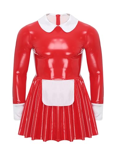 Aiihoo Herren Sissy Maid Lackleder Kleid Langarm Satin Schürze Tüll Unterrock A-Line Kleid Halloween Crossdresser Clubwear Rot XXL von Aiihoo