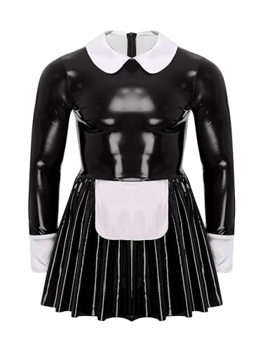 Aiihoo Herren Sissy Maid Lackleder Kleid Langarm Satin Schürze Tüll Unterrock A-Line Kleid Halloween Crossdresser Clubwear Schwarz XL von Aiihoo
