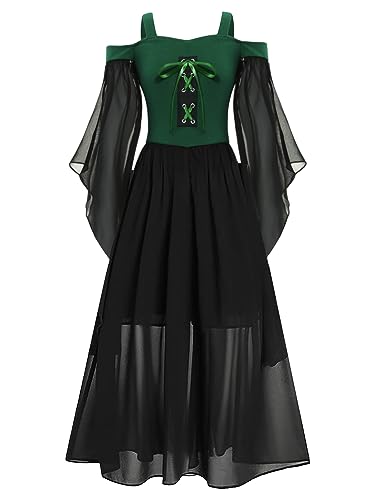 Aiihoo Kinder Mädchen Mittelalterliches Kostüm Retro Mittelalterkleid Viktorianischen Kostüm Renaissance Kleid mit Trompetenärmel Halloween Kostüm Grün 170-176 von Aiihoo