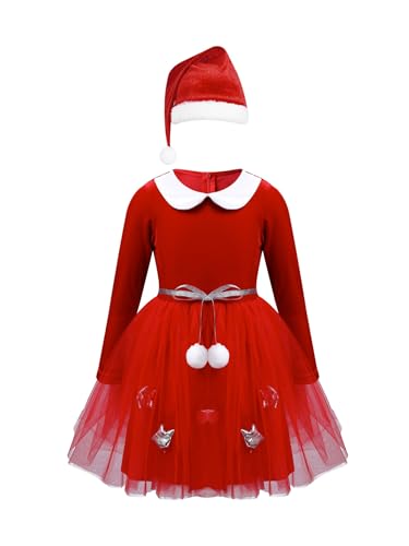 Aiihoo Kinder Mädchen Weihnachten Kostüm Langarm Weihnachtskleid mit Weihnachtsmütze Samtkleid Weihnachtself Kleid Weihnachten Party Fasching Kostüm Rot G 110-116 von Aiihoo