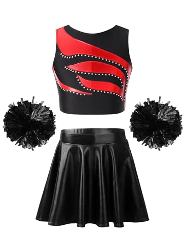 Aiihoo Mädchen Cheer Leader Kostüm Halloween Cheerleadering Outfit Uniform Strassstein Tank Top und Mini Rock mit Pompoms/Schleife Haarbänder Strümpfe G Rot 122-128 von Aiihoo